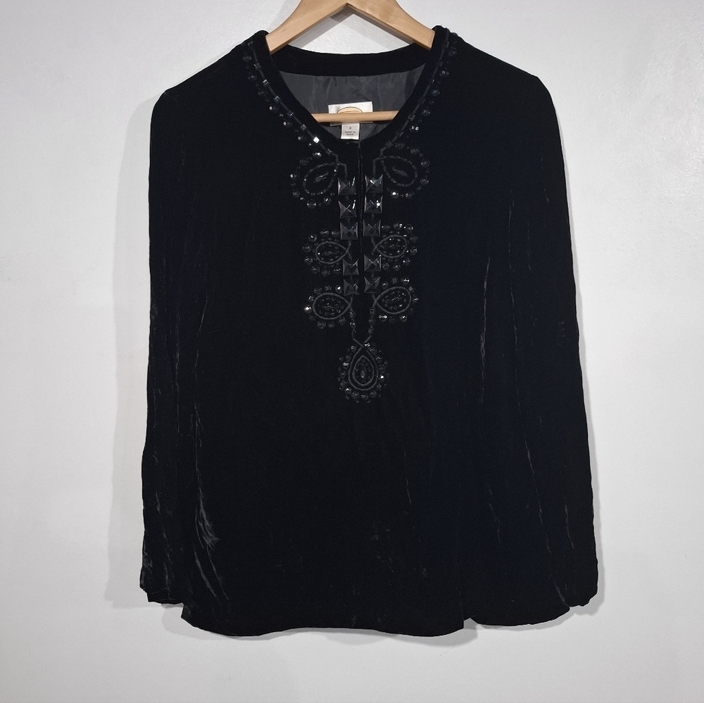 Talbots Women's Tunic Top Size 8 Black Velvet Beaded Silk Blend Lined Night Out